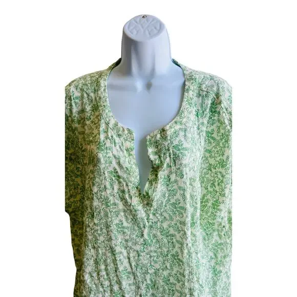 J.Jill Crinkle Tunic Top 3X Green Boho Floral Tassel Hem India Made - Picture 2 of 4